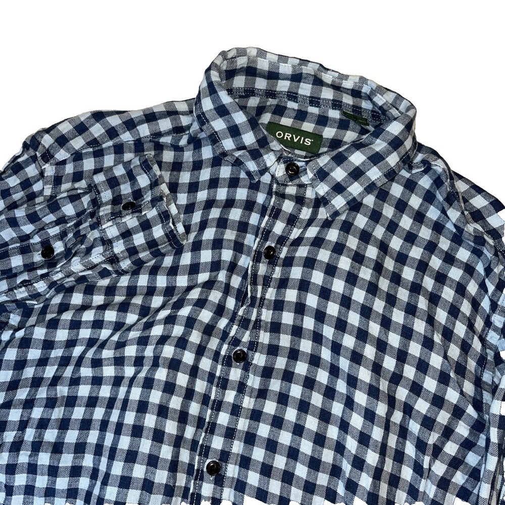 Orvis Shirt Men's Large Linen Blend Long Sleeve Active Fit Blue Plaid Outdoors
